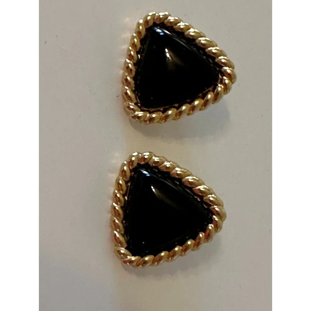 Kenneth J Lane Earrings Clip On Black Triangle Gold Twist Edge Signed Stunning - Picture 6 of 9